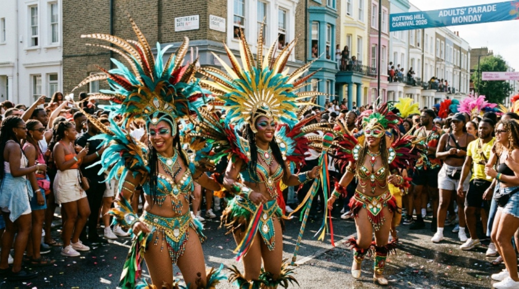 Masquerade bands in elaborate feathered costumes parading through the streets of Notting Hill during the Adults' Parade on Monday 31 August 2026
