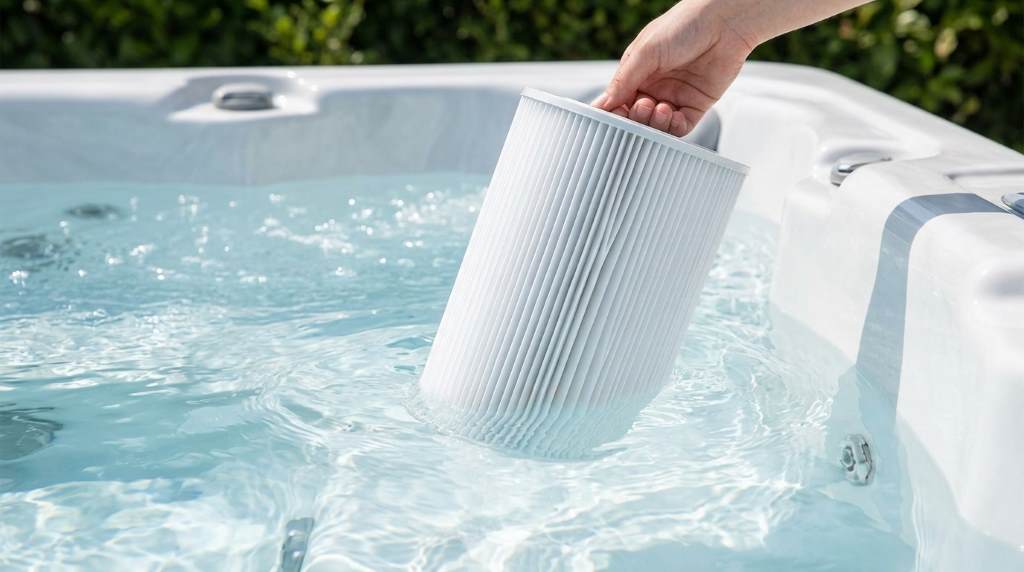 Person rinsing a hot tub filter cartridge with a garden hose outdoors