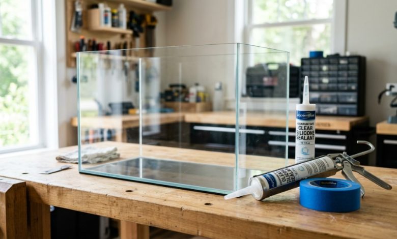 An empty glass aquarium tank sitting next to a tube of silicone sealant.
