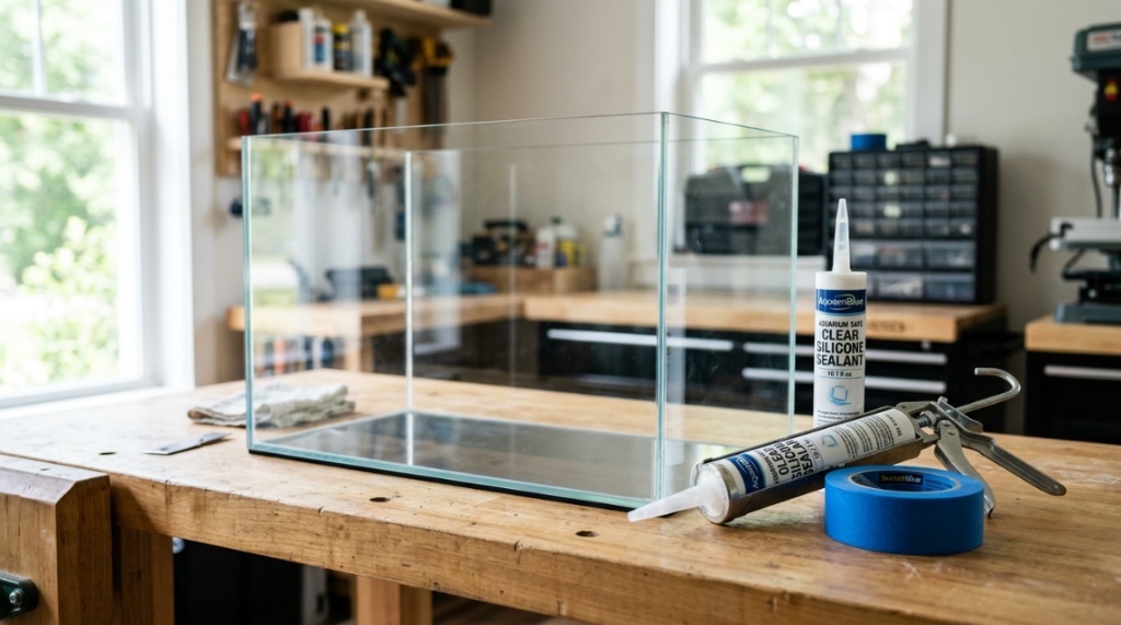An empty glass aquarium tank sitting next to a tube of silicone sealant.