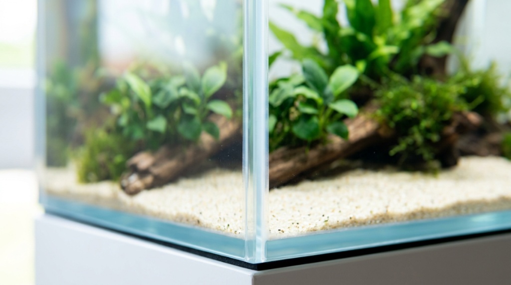 A perfectly smooth and finished clear silicone sealant joint inside a glass tank.