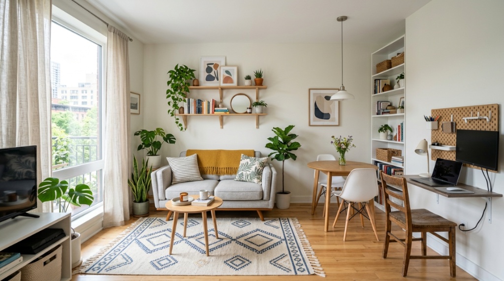 Floating wooden shelves displaying books and plants on a living room wall.