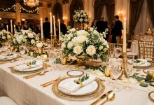 Elegant indoor party venue with grand chandeliers and floral centerpieces on draped tables.