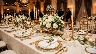 Elegant indoor party venue with grand chandeliers and floral centerpieces on draped tables.