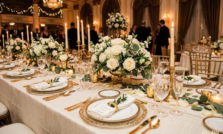 Elegant indoor party venue with grand chandeliers and floral centerpieces on draped tables.