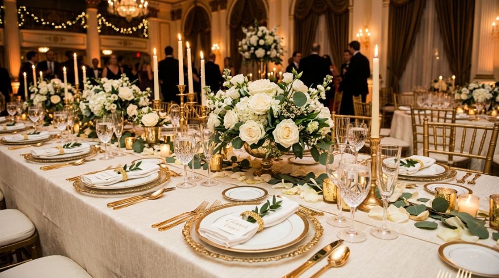 Elegant indoor party venue with grand chandeliers and floral centerpieces on draped tables.
