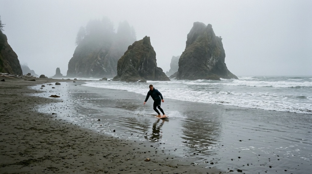 A person carries a skimboard while walking toward the ocean at Cannon Beach.