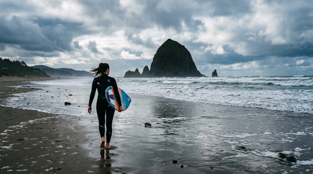 A skimboarder glides across wet sand with Oregon coastal sea stacks in the background.