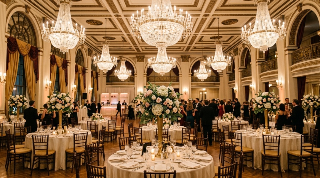 Sophisticated party table setting featuring gold charger plates and white rose centerpieces.