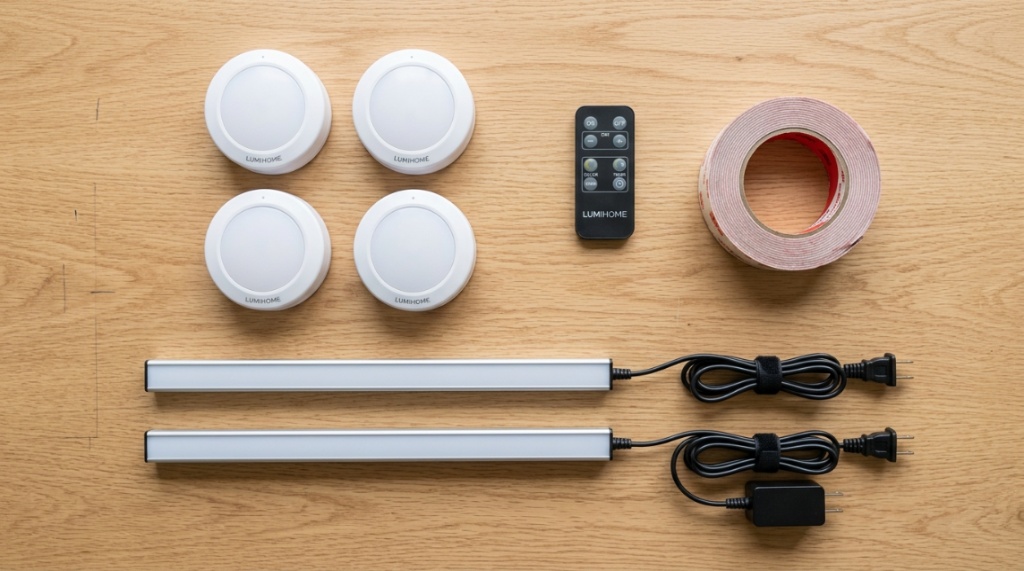 An assortment of wireless puck lights and plug in LED bars on a table.
