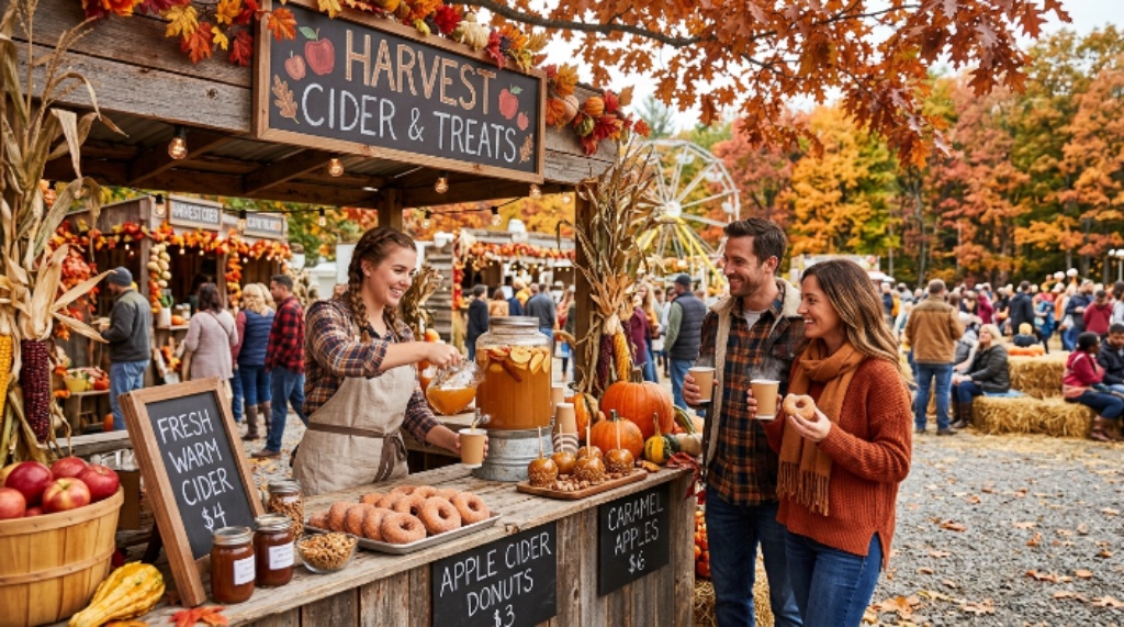 Fresh apple cider and treats at fall harvest festival