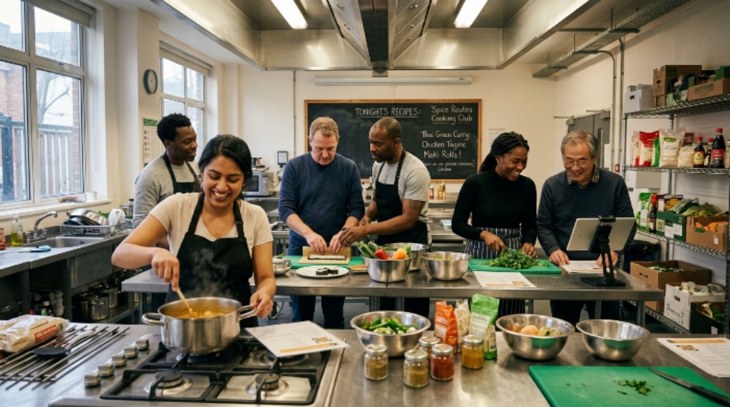 Cooking club members learning new recipes in a shared kitchen