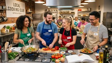 Friends cooking together during a local cooking club class