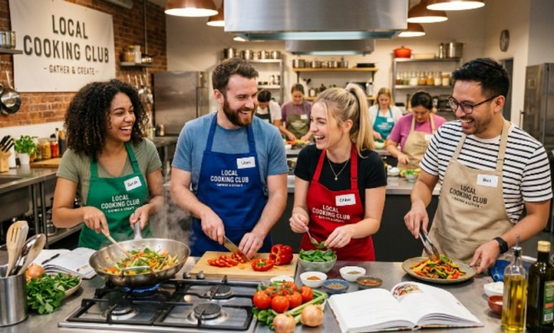 Friends cooking together during a local cooking club class