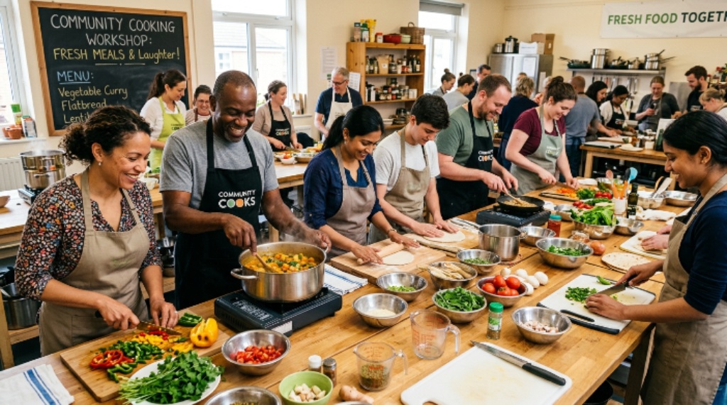 Home cooks preparing fresh meals in a community cooking workshop