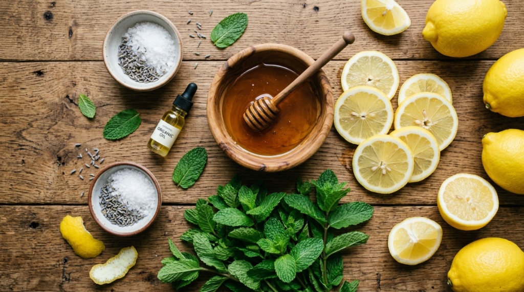 Fresh organic ingredients like honey and lemon on a wooden table.