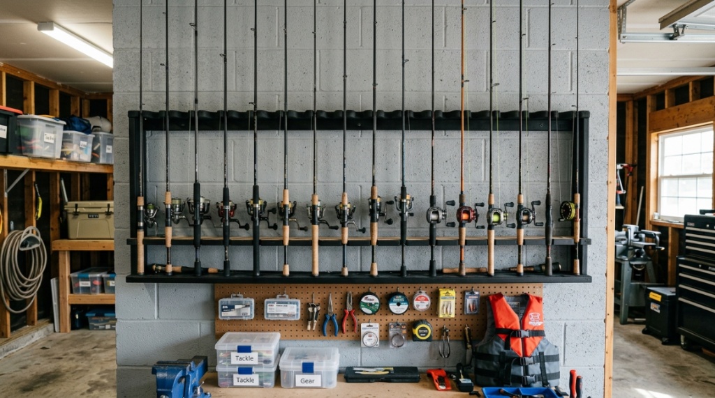 Organized fishing rods mounted securely on a wall rack in a garage