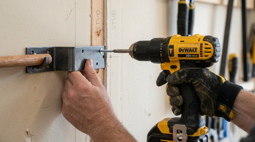 Using a power drill to install a fishing rod holder on a wall