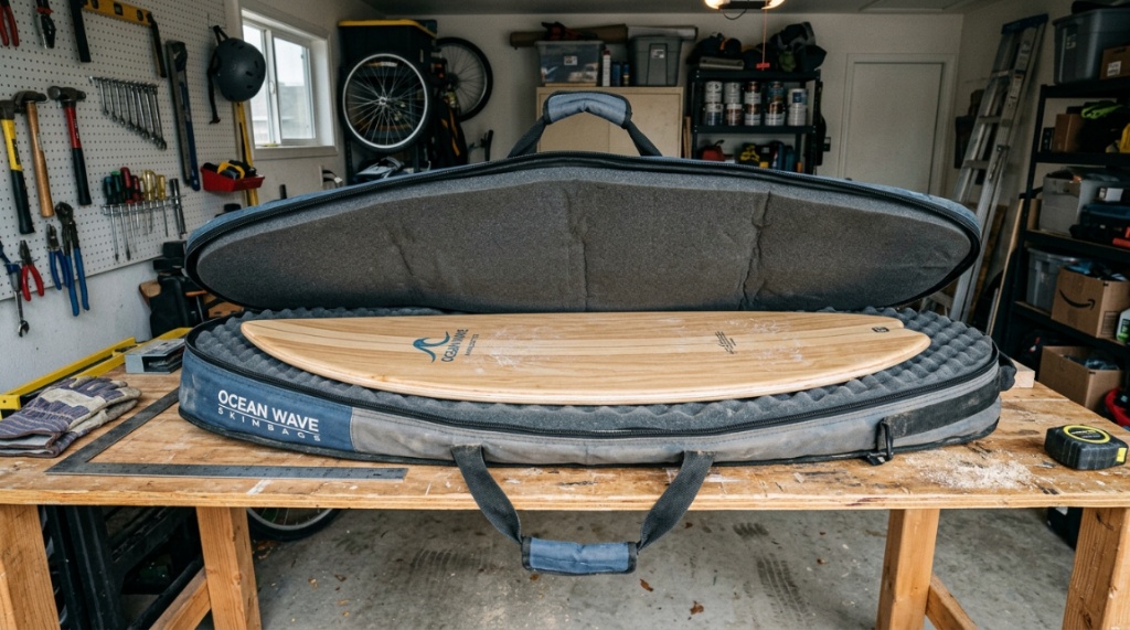 Padded travel bag protecting a skimboard from impact damage.