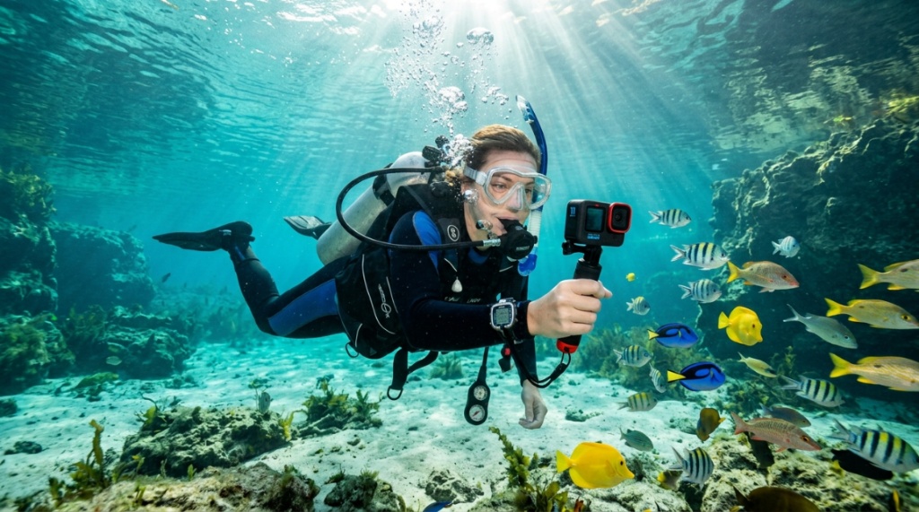 Close-up of hands operating a waterproof camera housing on a sunny beach.