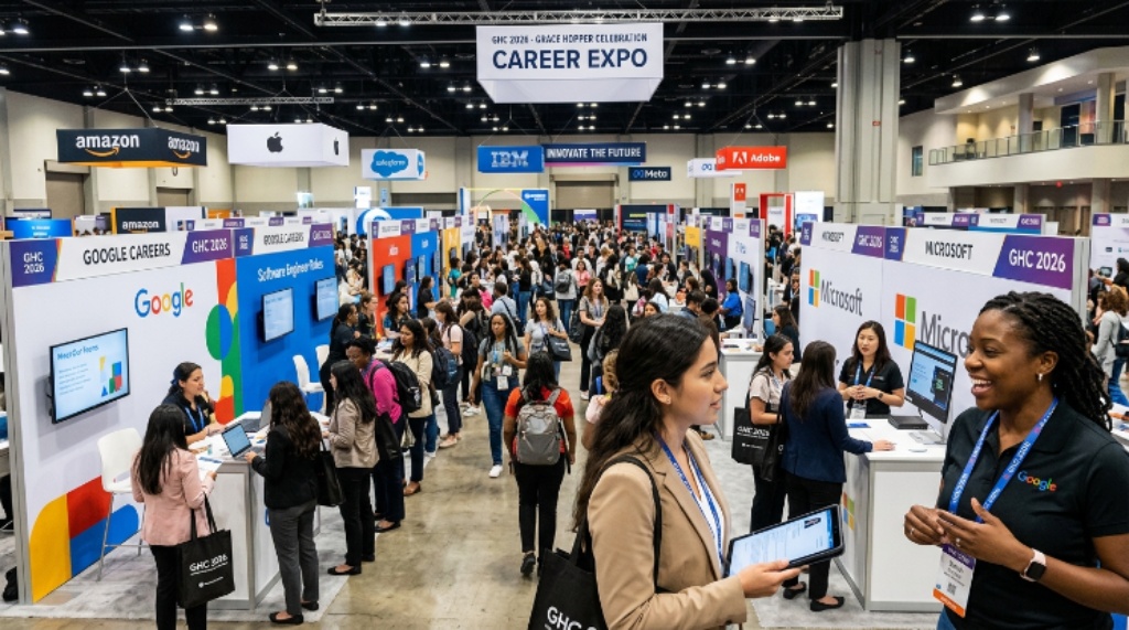Career Expo booths at GHC 2026 with recruiters meeting technology professionals in a large convention center