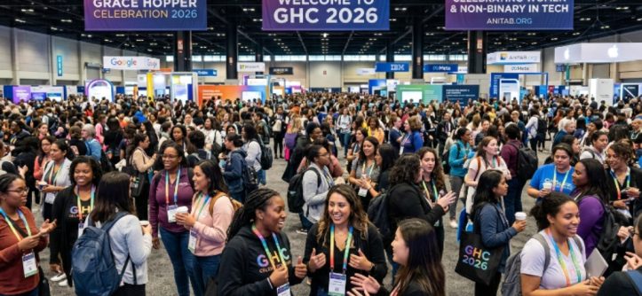 Thousands of women and non-binary technologists networking at the Grace Hopper Celebration 2026 conference floor
