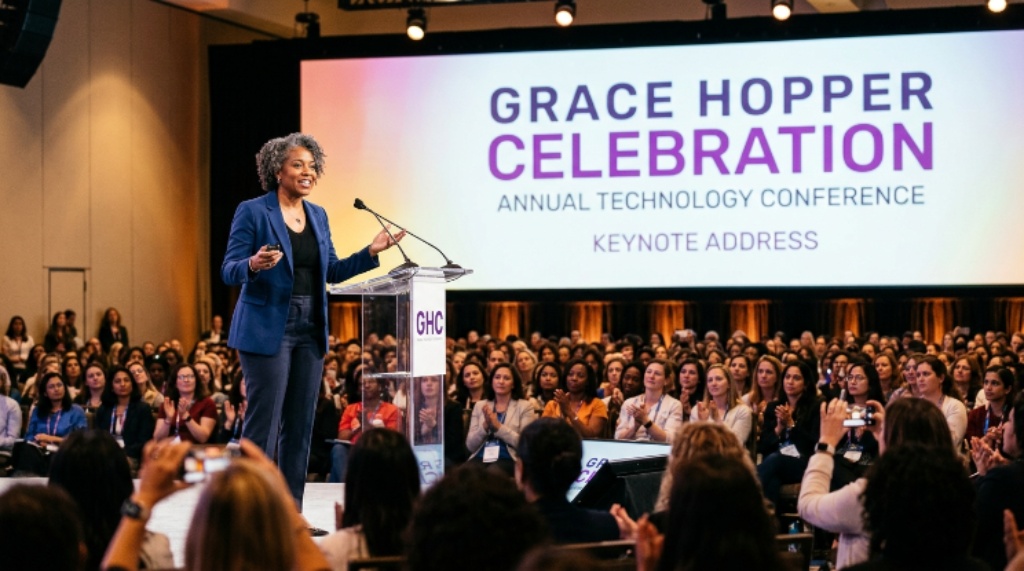 A keynote speaker presenting on stage at the Grace Hopper Celebration annual technology conference