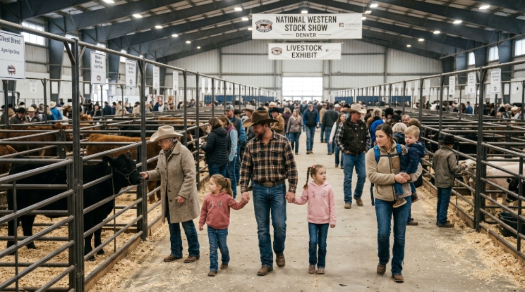Families walking through livestock exhibit halls at the National Western Complex during the annual stock show