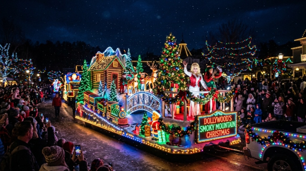 Dollywood Christmas parade float glowing with colorful lights against a dark winter sky