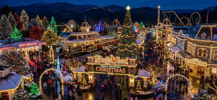 Dollywood park covered in millions of holiday lights during Smoky Mountain Christmas festival 2026