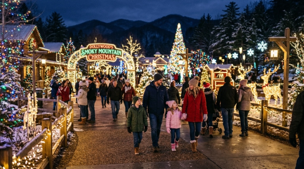 Visitors walking through Dollywood's festive light displays on a winter evening in the Smoky Mountains