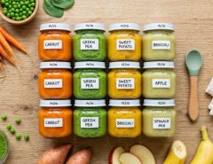 Overhead view of organized glass jars filled with colorful homemade baby food purees.