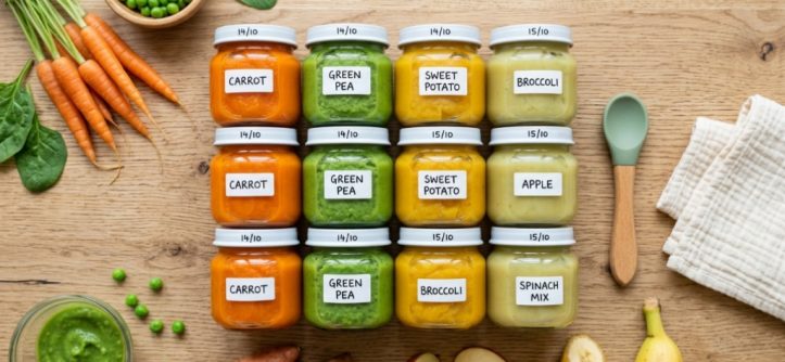 Overhead view of organized glass jars filled with colorful homemade baby food purees.