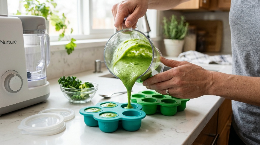 Hands pouring freshly blended green vegetable puree into baby food storage trays.