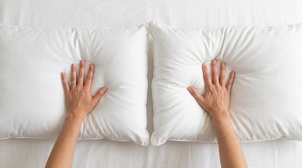 Hands pressing down on firm and medium-firm pillows to test support.