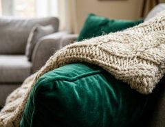 A cozy bed styled with plush blankets and layered pillows.
