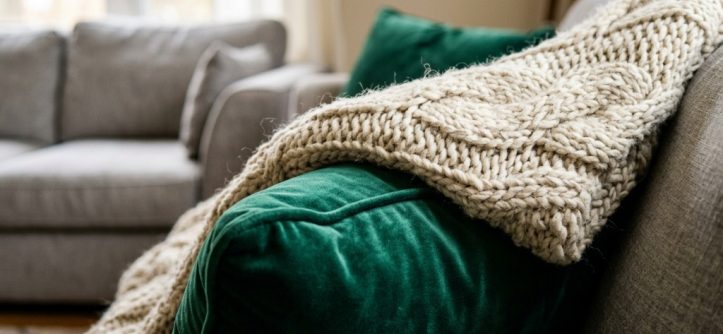 A cozy bed styled with plush blankets and layered pillows.