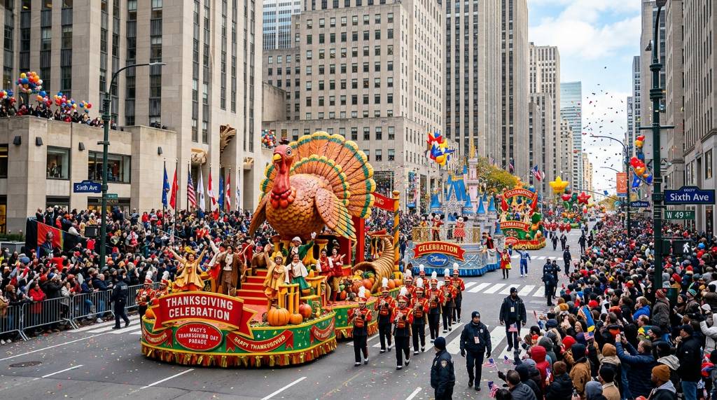 Colorful parade floats moving down Sixth Avenue during the Thanksgiving Day Parade in Manhattan