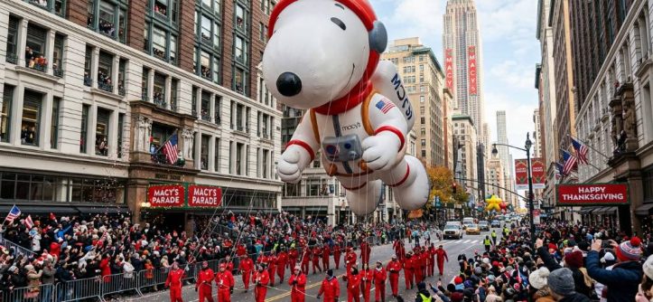 Massive helium balloon floating above crowds at the Macy's Thanksgiving Day Parade in New York City