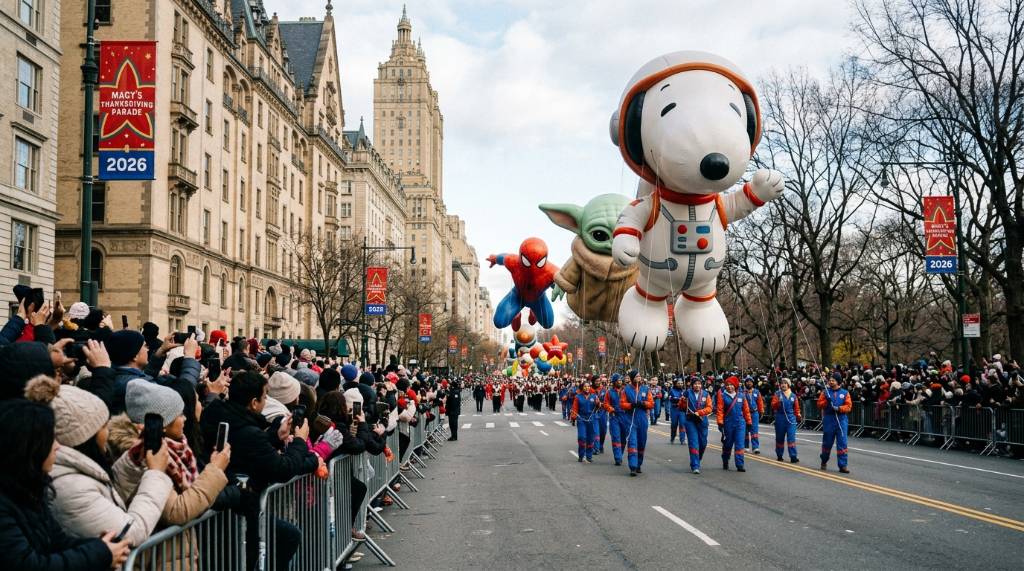 Spectators lining Central Park West to watch giant balloons at the Macy's Thanksgiving Parade 2026