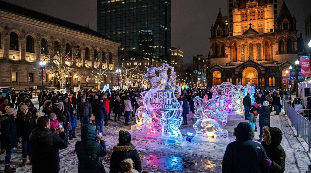 Detailed ice sculptures illuminated by colored lights in Copley Square during First Night Boston celebrations