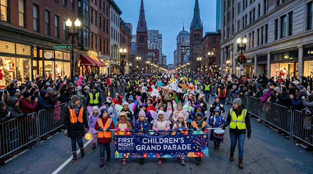 Children in costumes marching in the First Night Boston Children's Grand Parade along Boylston Street