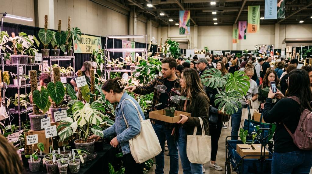 Visitors browsing rare monstera and philodendron plants at a houseplant expo