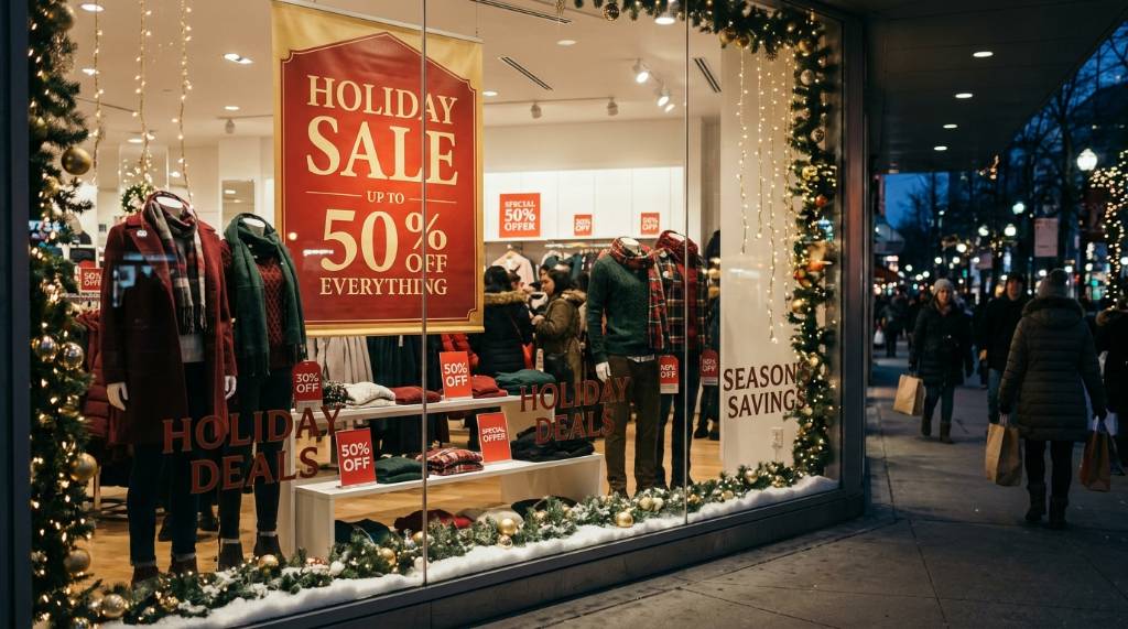 Sale signs and discount tags in a clothing store window during holiday shopping