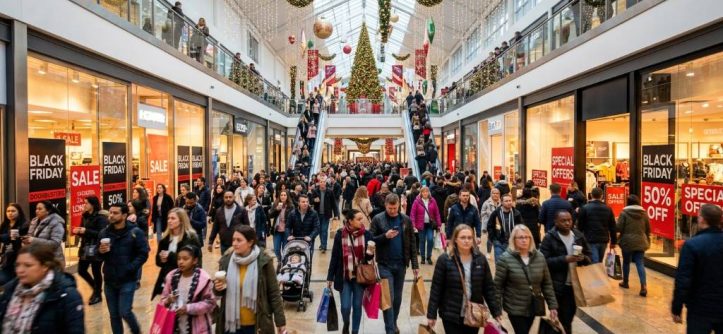 Shoppers walking through a decorated mall corridor on Black Friday morning