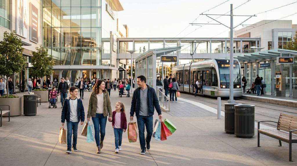 Family carrying shopping bags near the light rail station at the mall