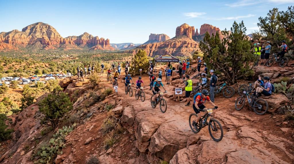 Scenic view of Sedona's red sandstone formations from the Hiline Trail during the bike festival